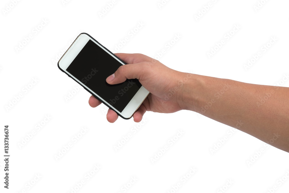 The hand man holding mobile phone on white background The hand man holding mobile phone on white background