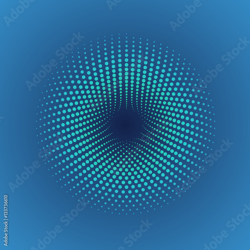 Modern abstract illustration made of small particles. Colorful background with halftone circles. Twisted round shape with an array of dots. Element of design.