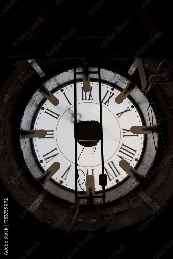 Old wall clock - mechanism inside, vertical