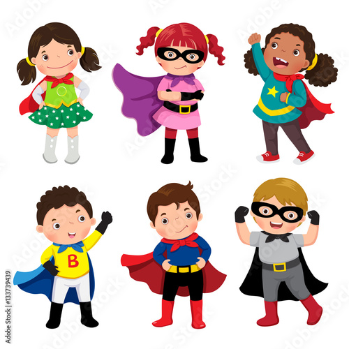 Boys and girls in superhero costumes on white background