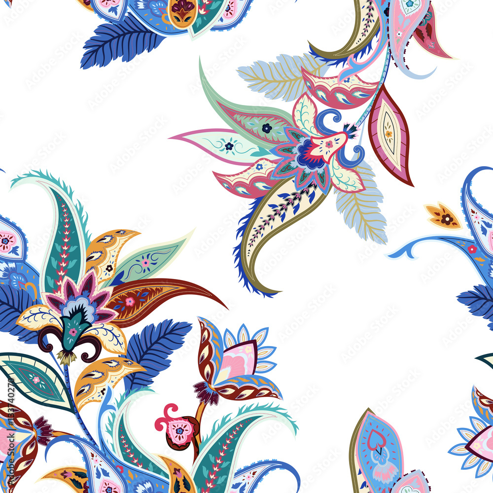 Abctract flowers seamless paisley pattern. Indian decorative motif