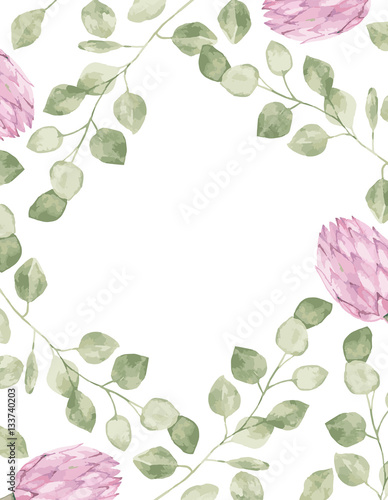 Watercolor floral card.Botanical collage with protea and green eucalyptus leaves