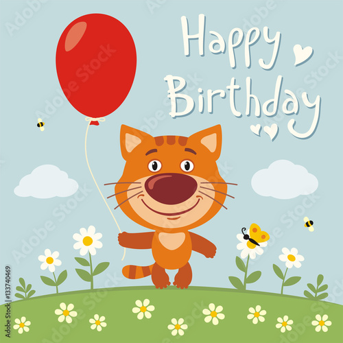 Happy birthday  Funny kitten cat with red balloon on flower meadow. Birthday card with kitten cat in cartoon style.