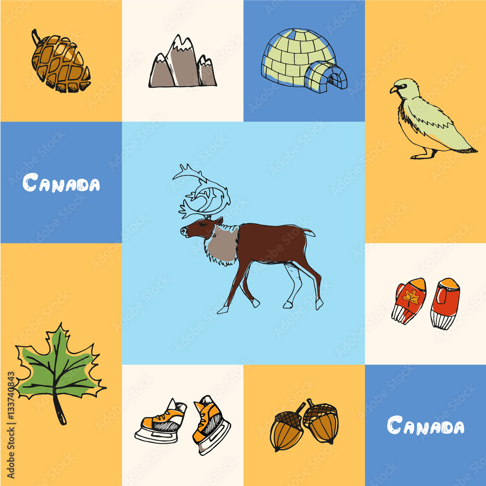 Checkered concept with canadian national and country related symbols. Reindeer, rock ptarmigan, igloo, mountains, pine cone, maple leaf, ice skates, acorns, knitted mittens hand drawn vector icons set