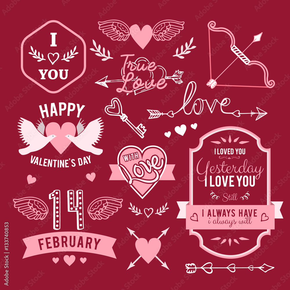 Naklejka premium hand-lettered vintage st. valentines card elements set
