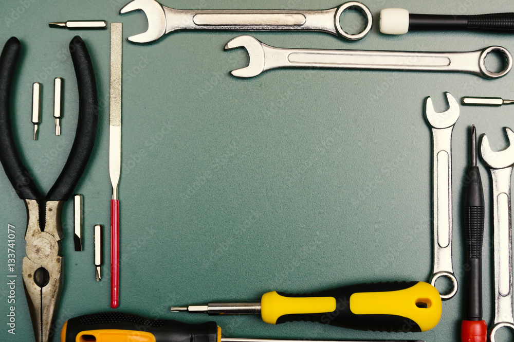 Carpentry and set of hand tools. Frame composition with copy space top view. Carpentry and set of hand tools. Frame composition with copy space top view.