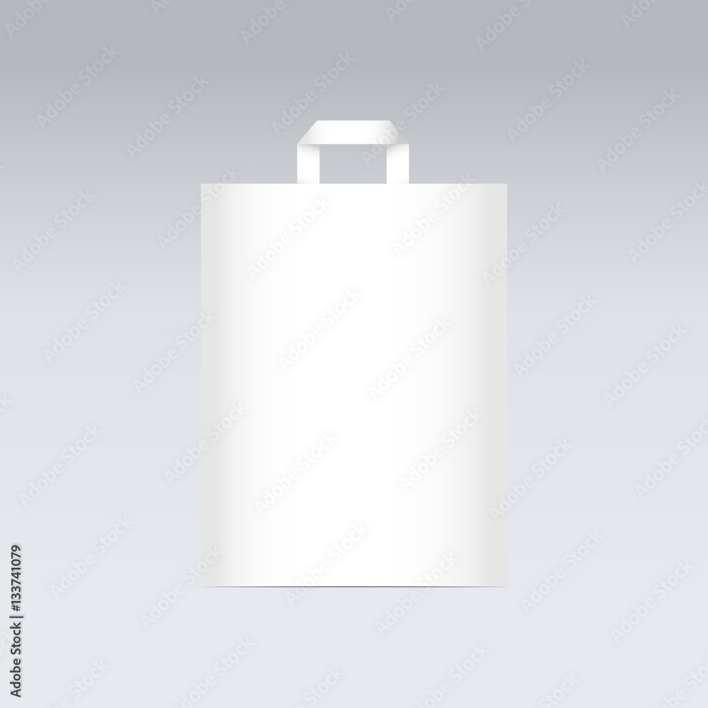 White paper bag with handles for shopping on gray background. Mockup for text or design. Vector illustration. White paper bag with handles for shopping on gray background. Mockup for text or design. Vector illustration.