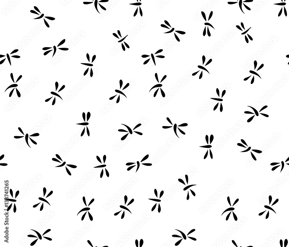 Black dragonflies on white. Asian style seamless pattern