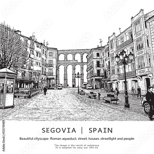 Segovia, Spain. Beautiful cityscape. Vector illustration in engraving style.
This image is the result of auto-trace. It is adapted for easy use.