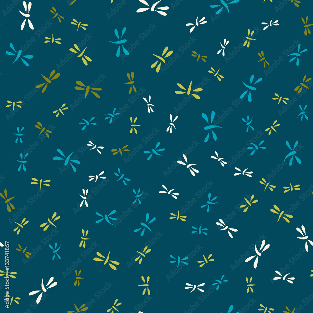 Fototapeta premium Beautiful green dragonflies on blue. Seamless pattern