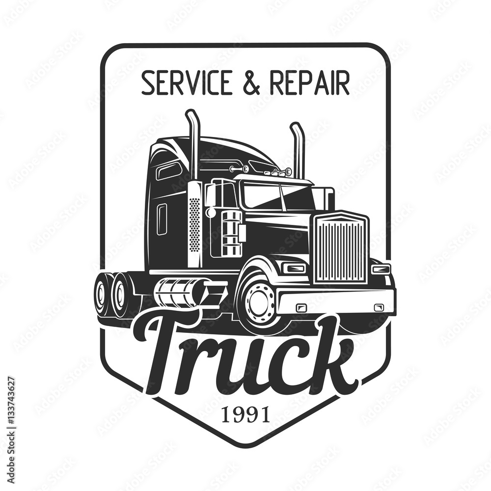 truck logo service and repair black white vector illustration Stock