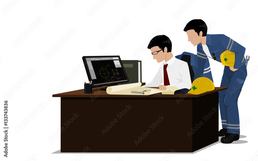 two engineers are verifying drawing together on transparent background
two engineers are verifying drawing together on transparent background