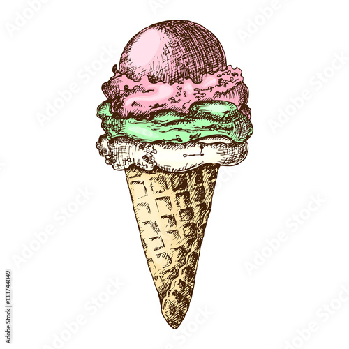 Handdrawn icecream in cone sketch, colorful isolated vector illustration.