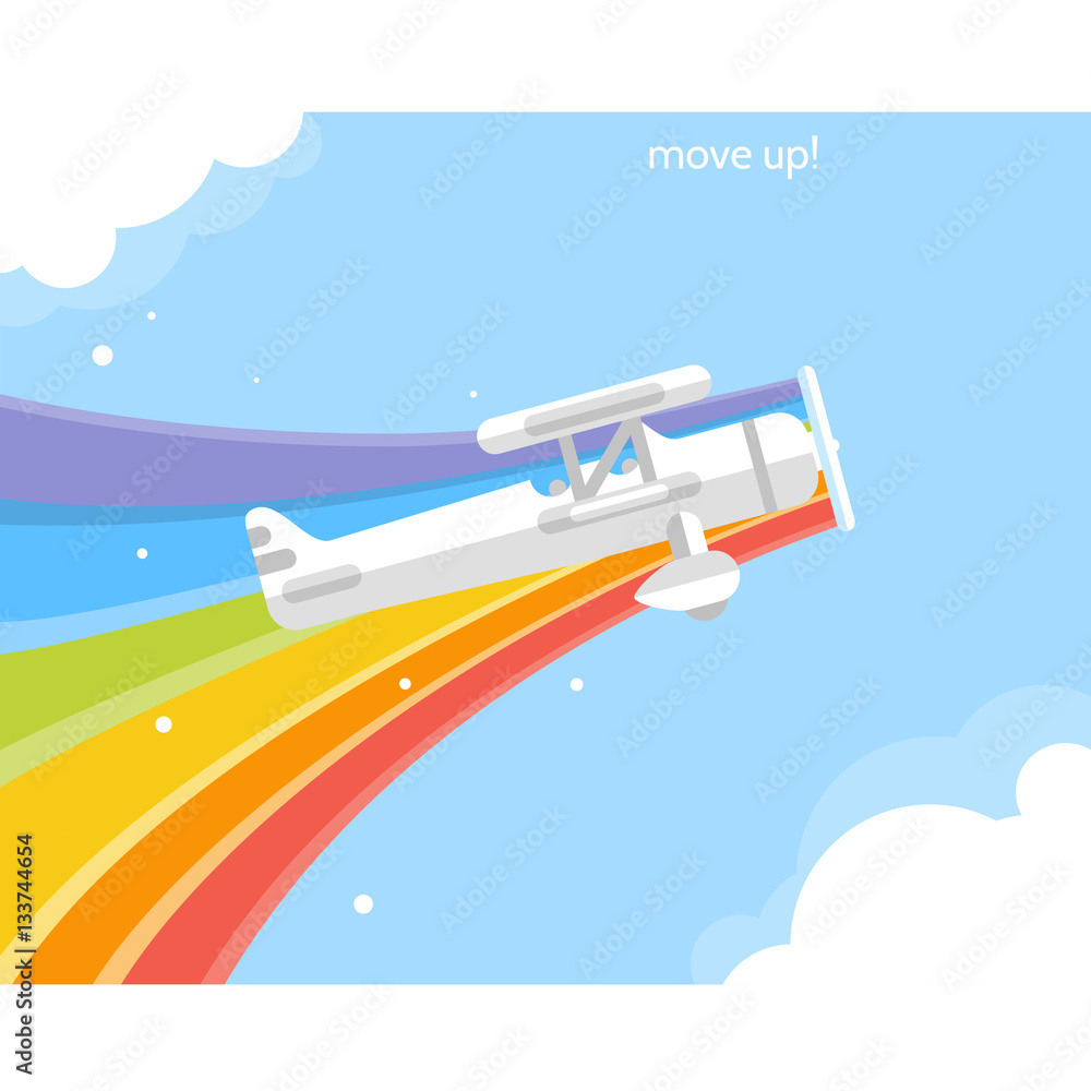 Airplane with a rainbow flying in the sky. Vector flat illustration.
