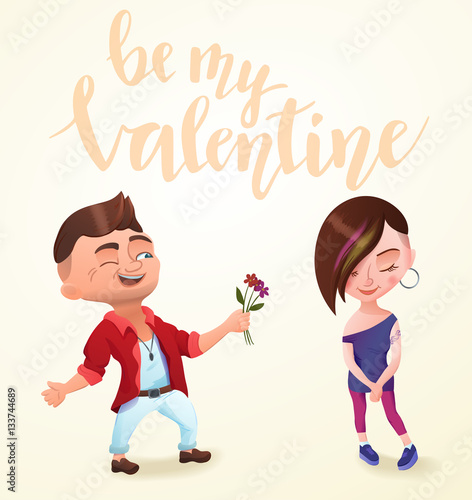 Hipster trendy couple on romantic date on st. Valentine's day. Typographic background with letterrs be my valentine.