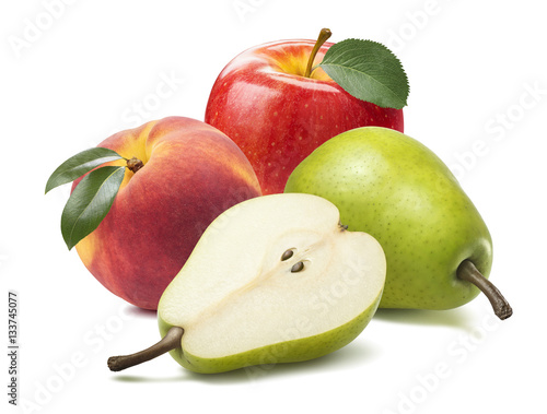 Pear apple peach isolated on white background
