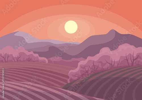 Beautiful spring landscape with the blossoming Oriental cherry. Vector background.