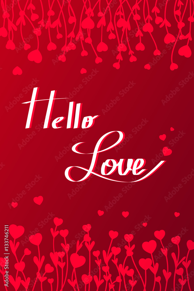 Red hearts on stems with leaves on red background. Space for text. Hello love Red hearts on stems with leaves on red background. Space for text. Hello love