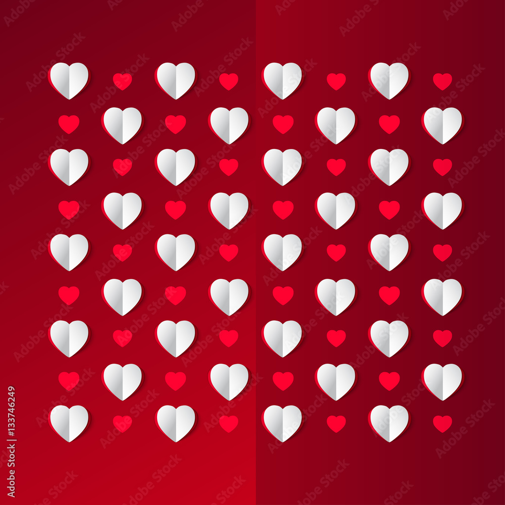 Vector art for save the date card, wedding invitation or valentine's day card. 3D paper hearts on red backround