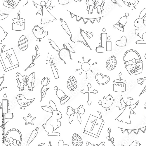 Seamless pattern with simple contour icons on a theme the holiday of Easter , dark contours on white background