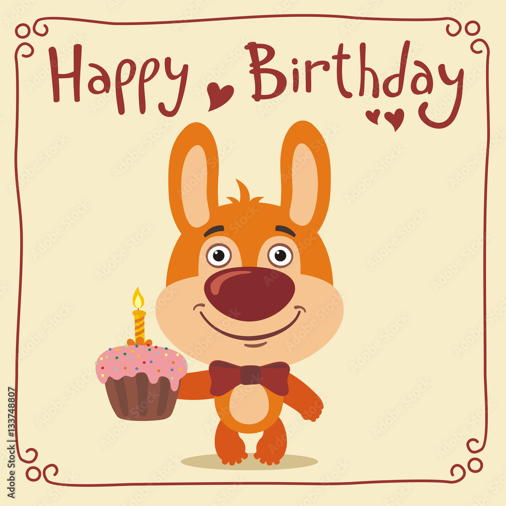 Happy birthday! Funny rabbit with birthday cake. Greeting card with bunny  rabbit in cartoon style. Stock Vector | Adobe Stock