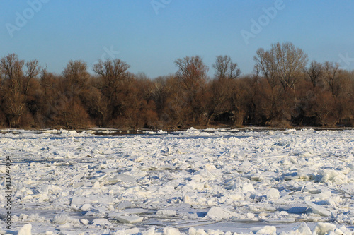 Frozen Danube river full of ice near Belgrade, Zemun, Serbia
