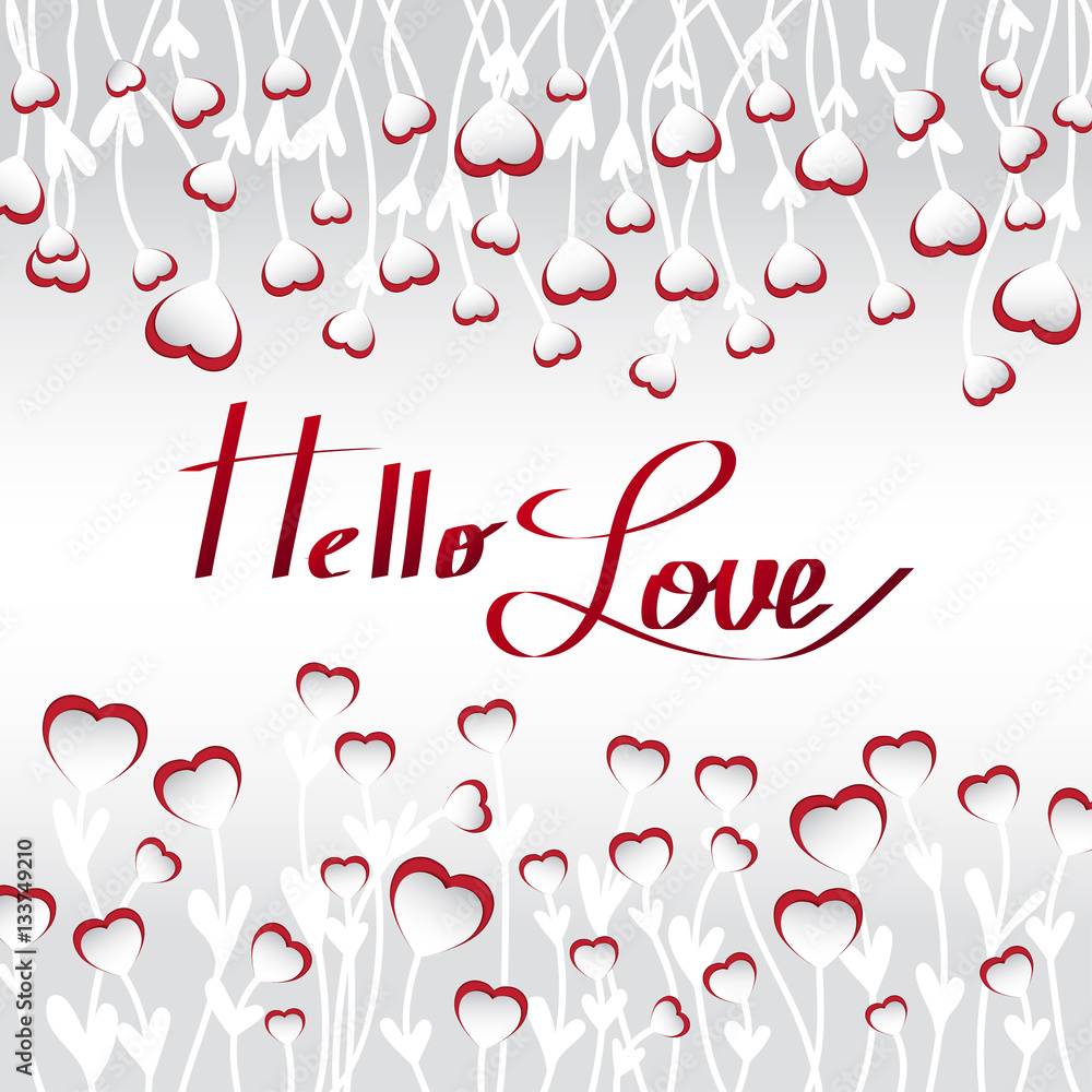 Paper hearts on stems with leaves with shadow on grey background. Space for text. Hello love