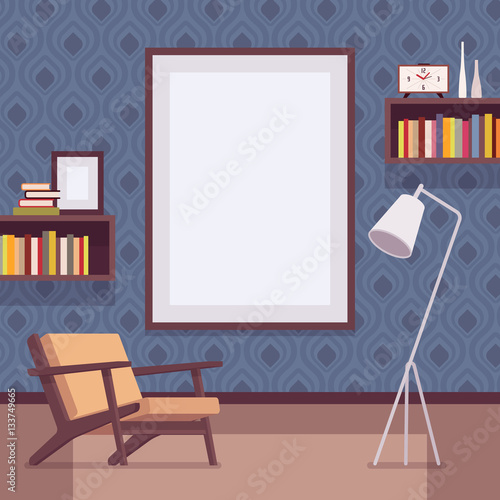 Retro interior with big wall frame for copy space