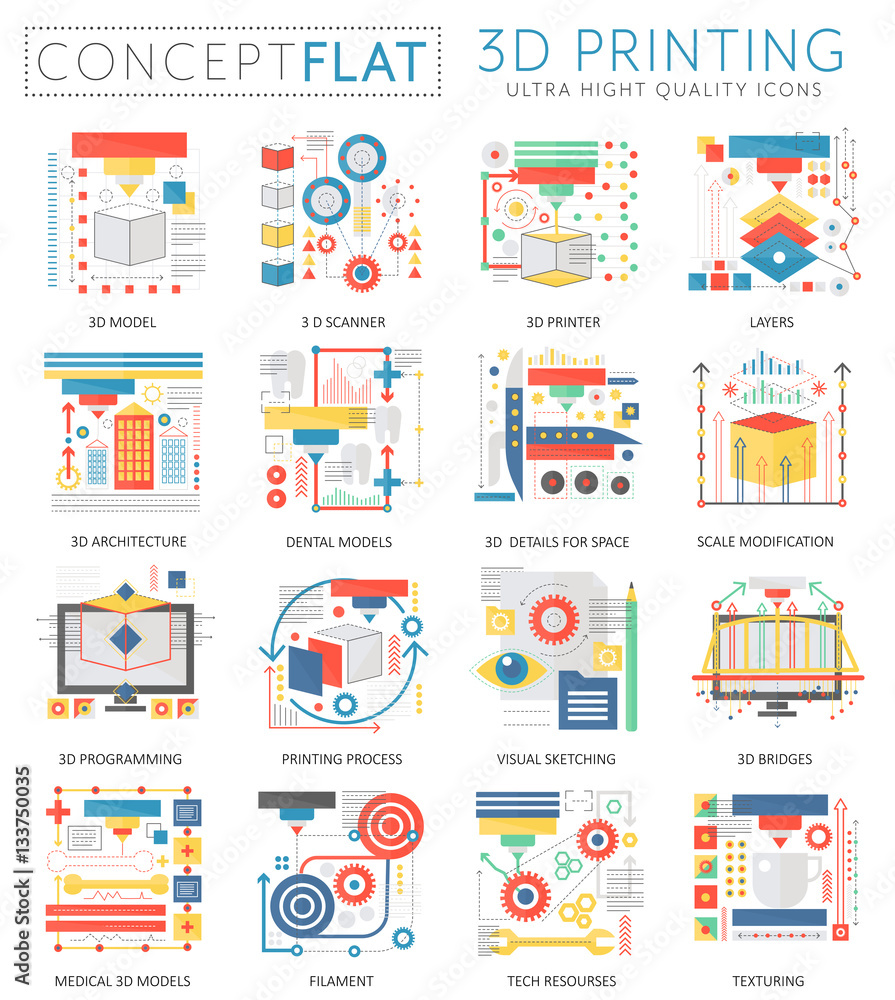 Infographics mini concept 3d printing technology icons for web. Premium  quality color conceptual flat design web graphics icons elements. 3d  printing concepts. Stock Vector | Adobe Stock