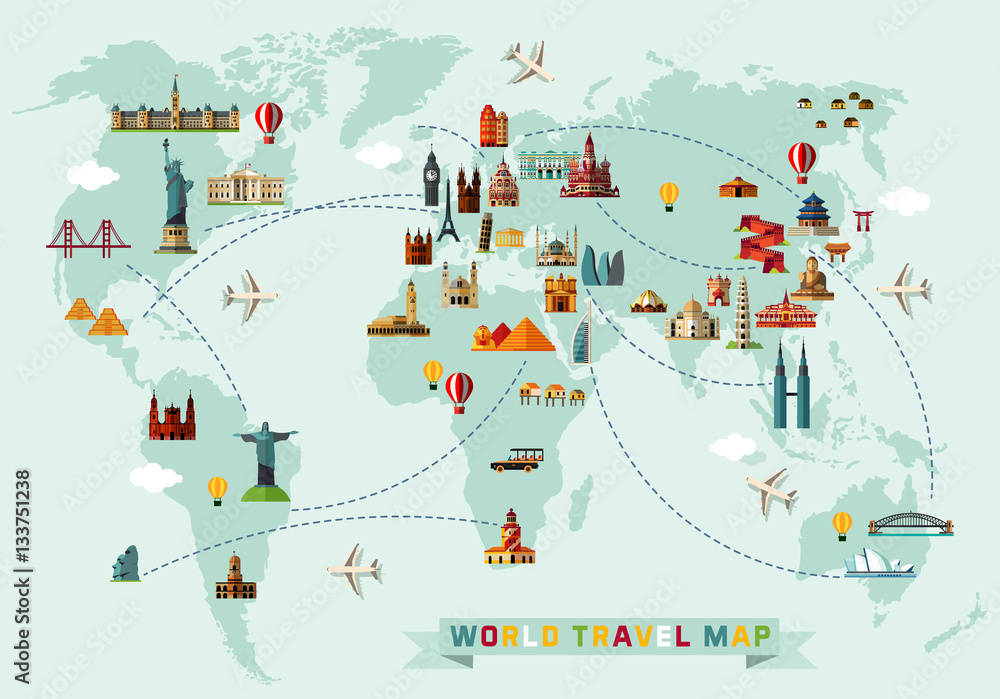 Map of the World and Travel Icons. Map of the World and Travel Icons.