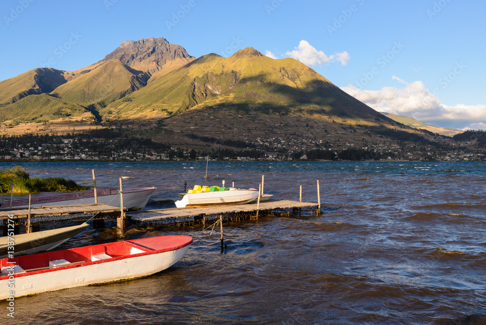 Fototapeta premium Boats at San Pablo lake, Imbabura, Ecuador