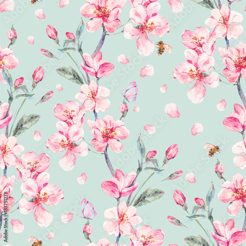 Watercolor spring seamless background with blooming branches