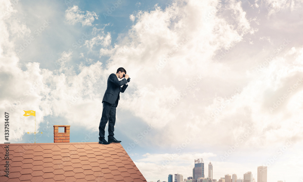 Mister boss on brick roof in search of something new. Mixed medi Mister boss on brick roof in search of something new. Mixed medi