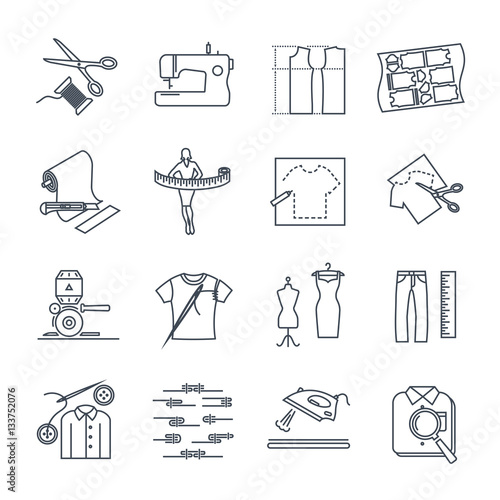 set of thin line icons apparel, clothing, garment manufacturing, sewing process