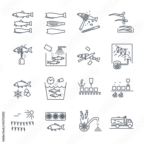 set of thin line icons processing and preserving of fish