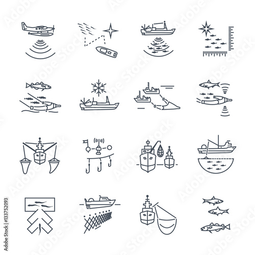 set of thin line icons fishing process
