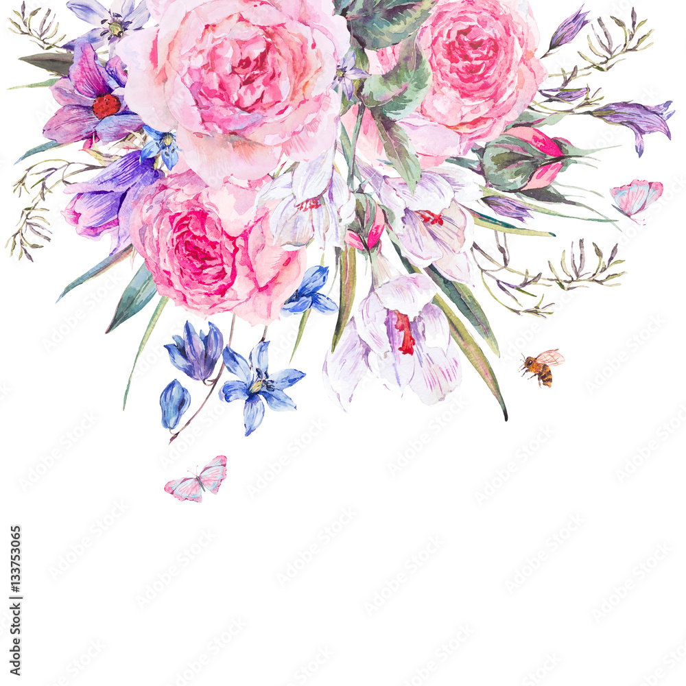 Fototapeta premium Watercolor spring bouquet with blue wildflowers and snowdrops