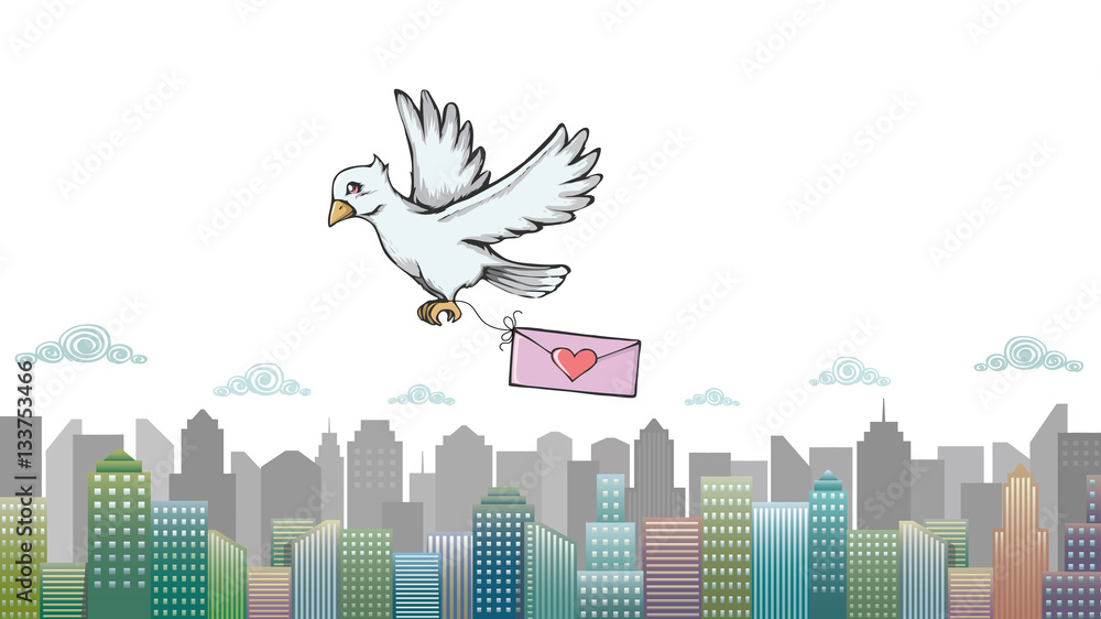 Obraz premium Love letter with pigeon post and city skylines. Love heart design on envelope for Valentines day. Dove drawing in doodle style. 