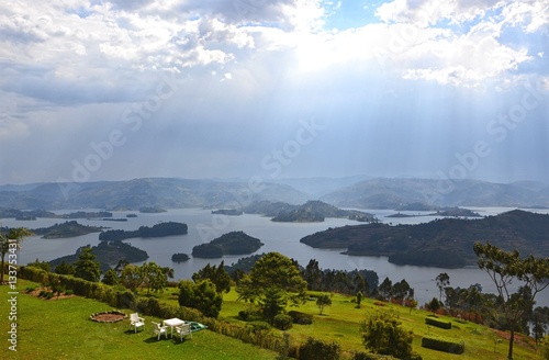 Lake Bunyonyi in Southern Uganda with sun glistening through on the islands. 