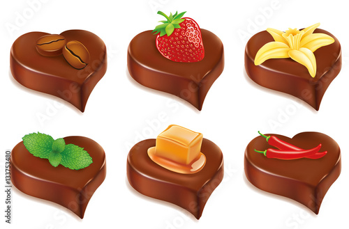 chocolate candy heart with coffee, strawberry, vanilla, mint, caramel, chilly