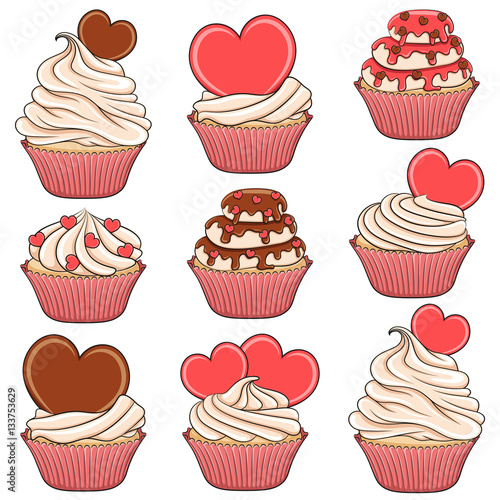 Set of color vector cupcakes with hearts. Isolated objects on white.
