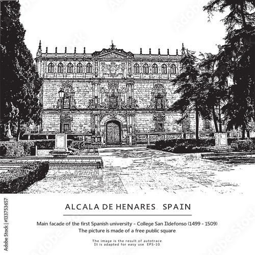Main facade of College San Ildefonso, Spain. Vector illustration.
Old University of Alcala de Henares, province Madrid. 
This image is the result of auto-trace. It is adapted for easy use.