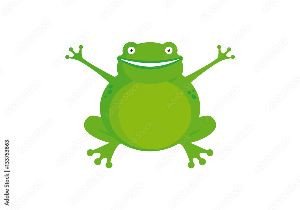 Fototapeta premium Happy smiling green frog icon vector. Funny cheerful green frog cartoon character. Humorous amphibian design element isolated on a white background