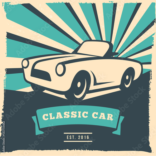 Retro car flyer or poster design with grunge frame and rays. Vector illustration