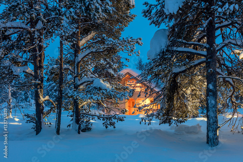 Obraz na płótnie Warm house in snowy night winter forest w salonie