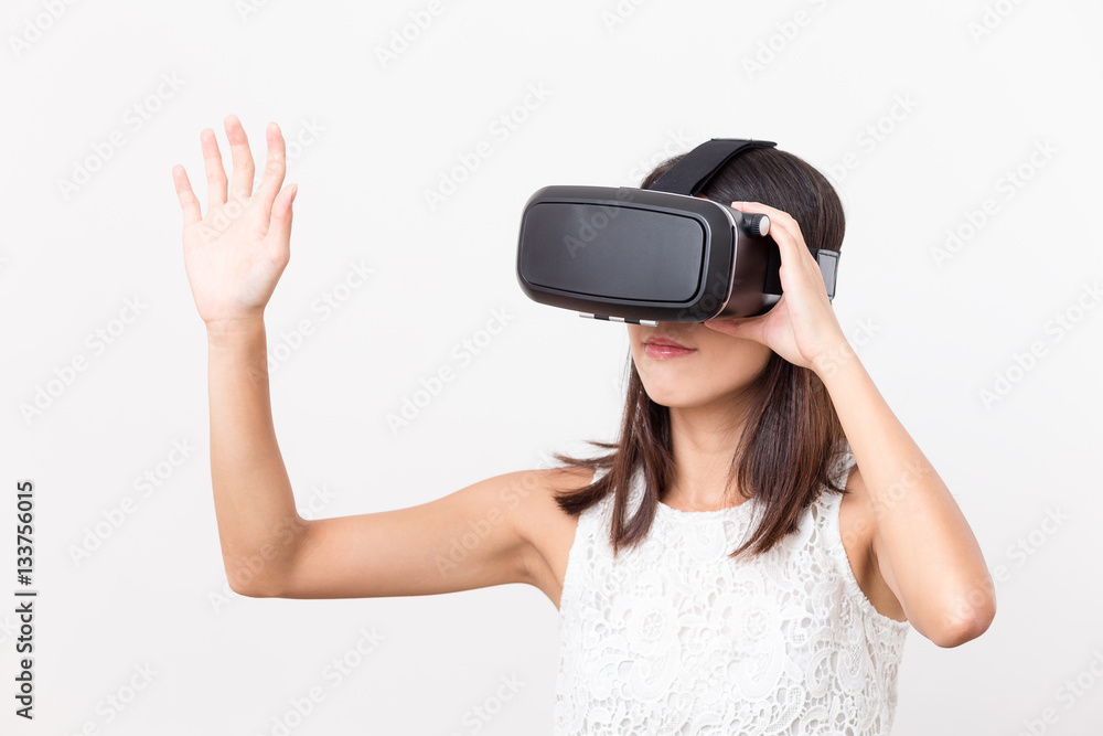 Woman experience with virtual reality device Woman experience with virtual reality device