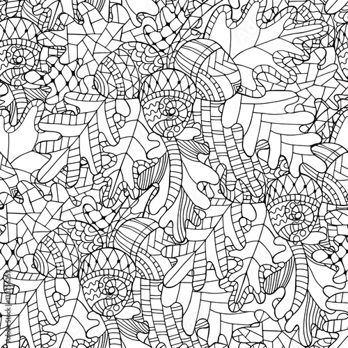 Seamless pattern with oak brunch, leaves and acorns in doodle st photo