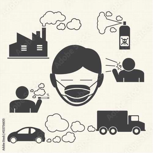 wearing mouth mask against air pollution. vector icons for infographic