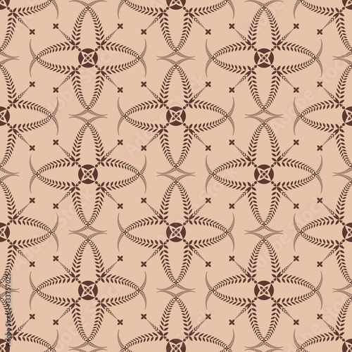 Religion seamless pattern. Laurel wreath, lace view texture with cross. Ceremonial, funeral background. Swirl stylized ornament. Brown, tan contrast colored. Vector 