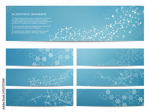 Set of modern scientific banners. Molecule structure DNA and neurons. Abstract background. Medicine, science, technology, business, website templates. Scalable vector graphics.
